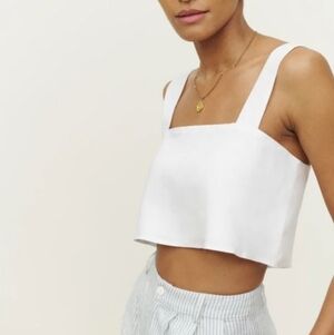 Reformation Lorin Linen Cropped Top Back Buttons White